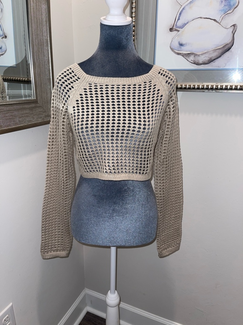 New Open-Knit Scoop Neck Cropped Sweater - Beige